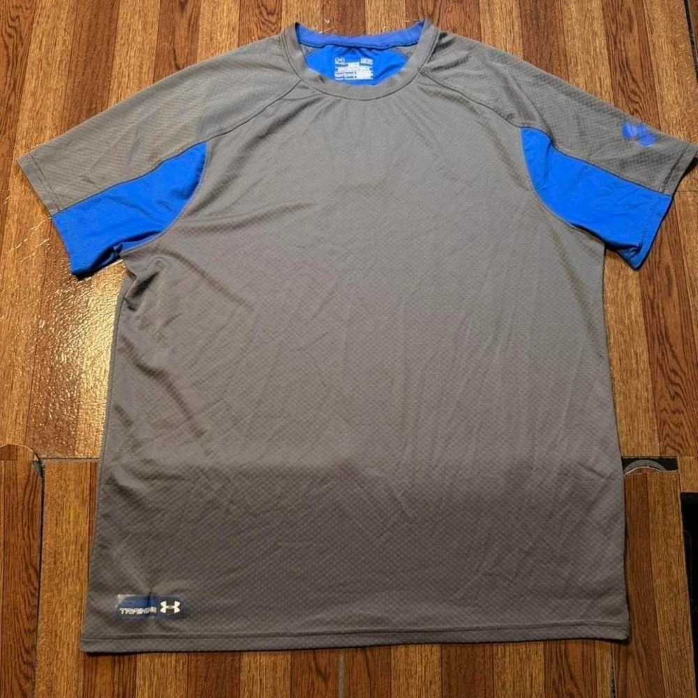 Under Armour Grey Blue Heat Combat Tech Sportswear Running Train Shirt Large
